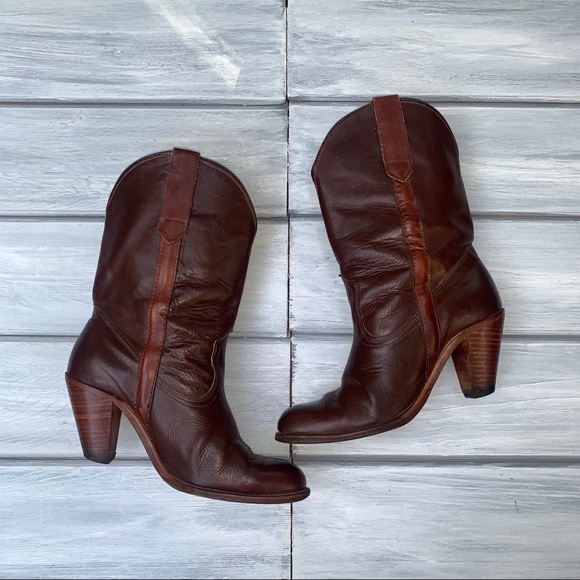 Frye Brown Leather Western Mid Calf Boots - Picture 11 of 12